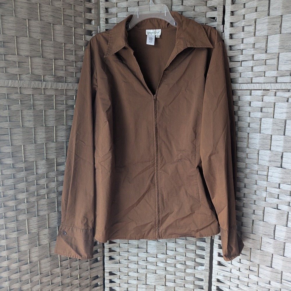 Vtg Coldwater Creek Zip Front Shirt‎ Brown Long Sleeve Sz 2X Office Minimalist